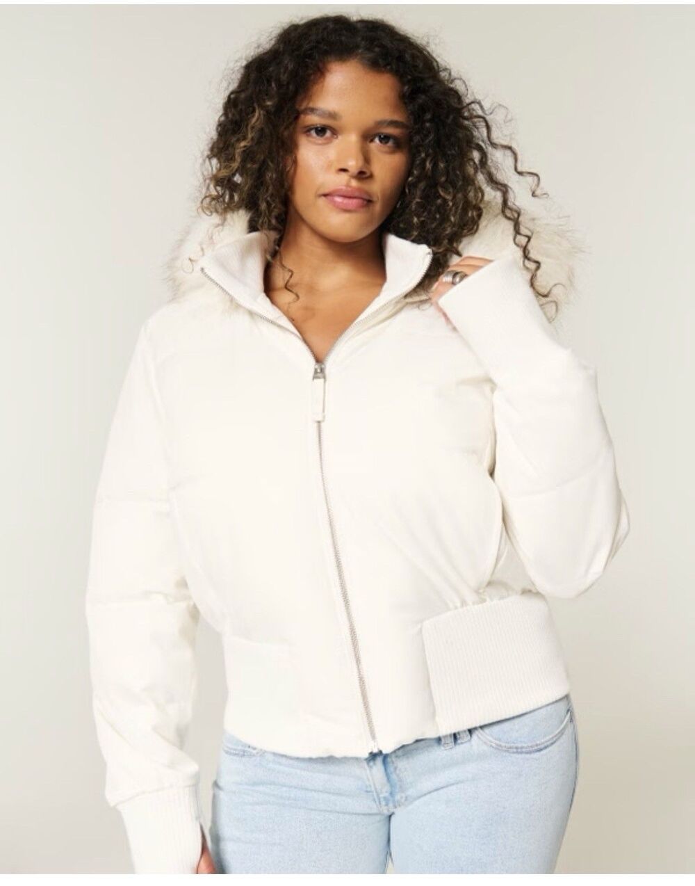 Hollister White Ivory Puffer Bomber Jacket Faux Fur Hood Ribbed Cuffs Womens XXL